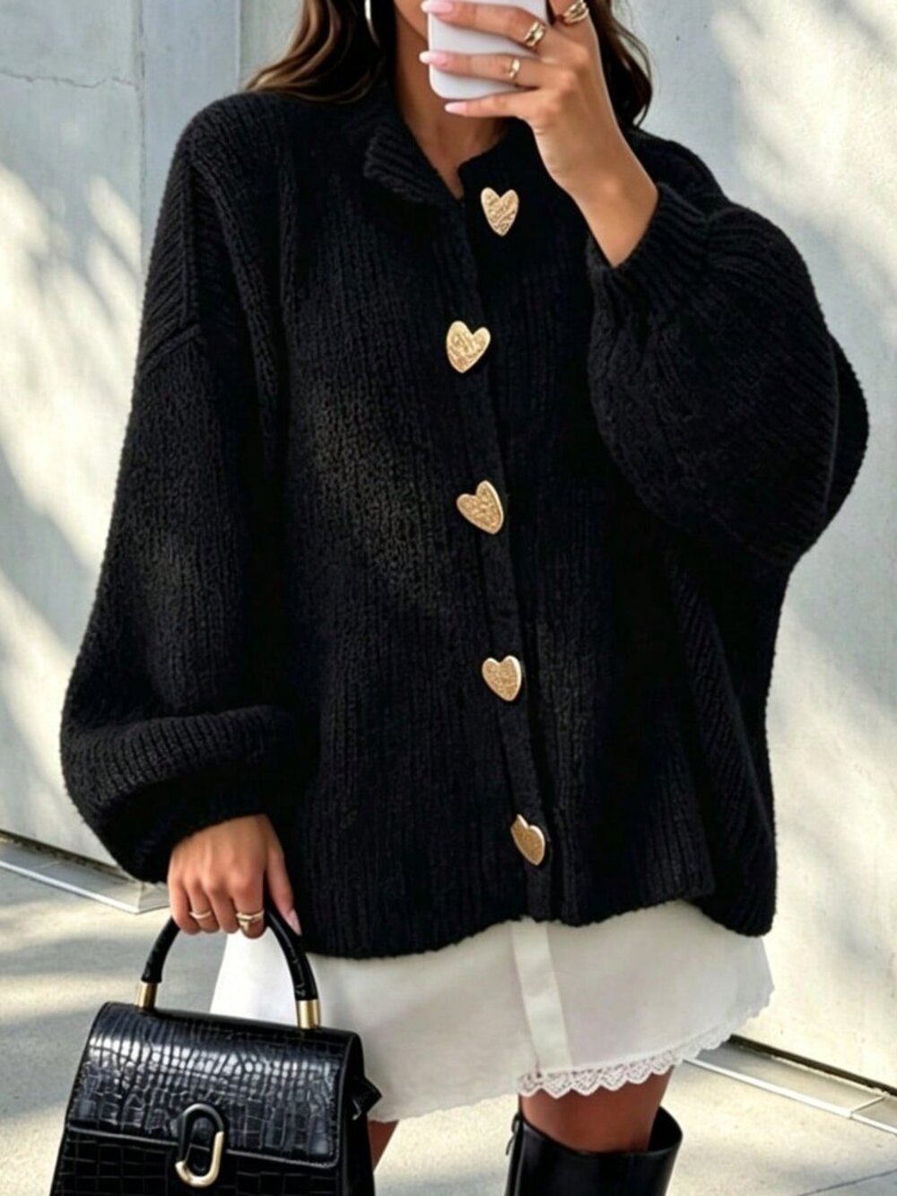 Black Casual Women's Loose Fit Rib-Knit Button Front Cardigan